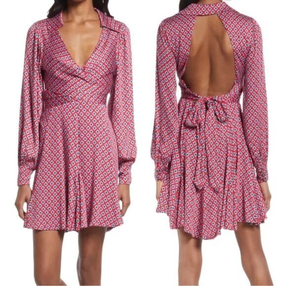 New Free People Long-Sleeve Wrap Dress Open Back & Tie Detail in Red Geometric S - Picture 2 of 11
